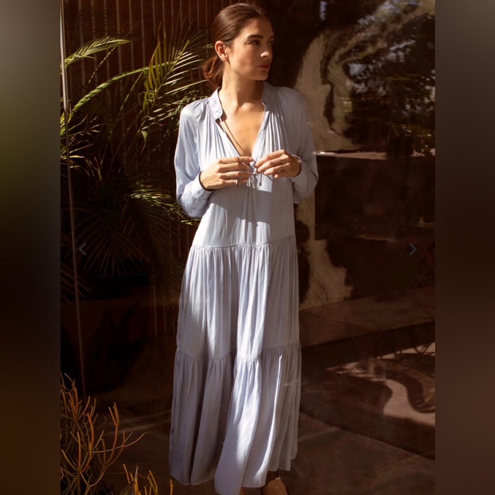 Brochu Walker Satin Long Sleeve Tiered Midi Dress Nwot